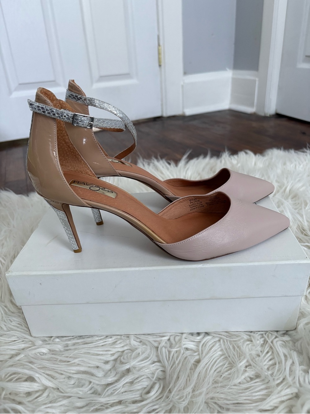 Halogen Nude Leather Pointed Toe Heels with Silver Snake Print Stiletto